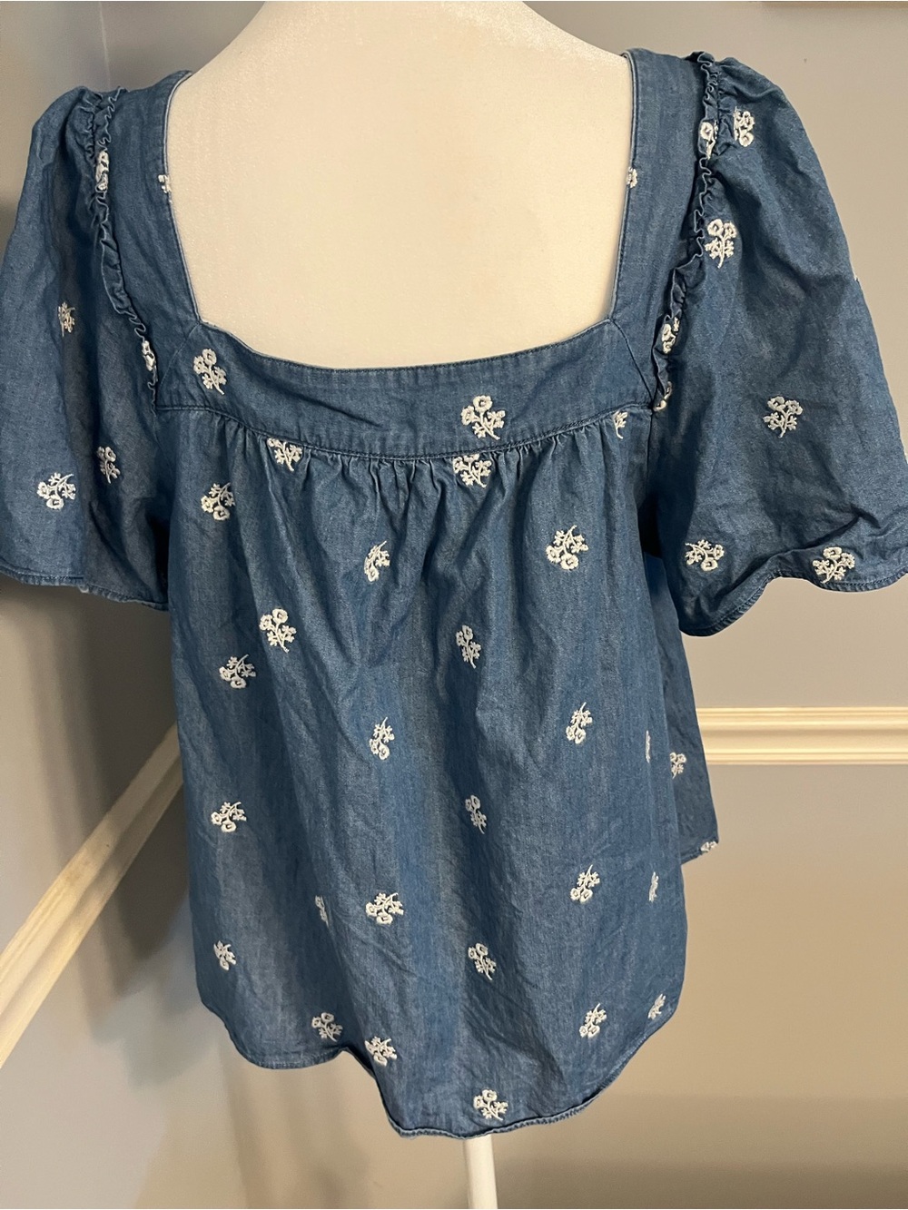 Draper James Blue Denim Square-Neck Embroidered Top - Picture 3 of 3